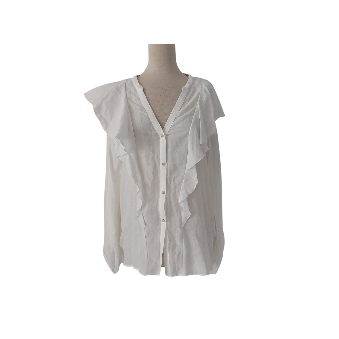 Massimo Dutti White Frill Semi-sheer Blouse | Gently used