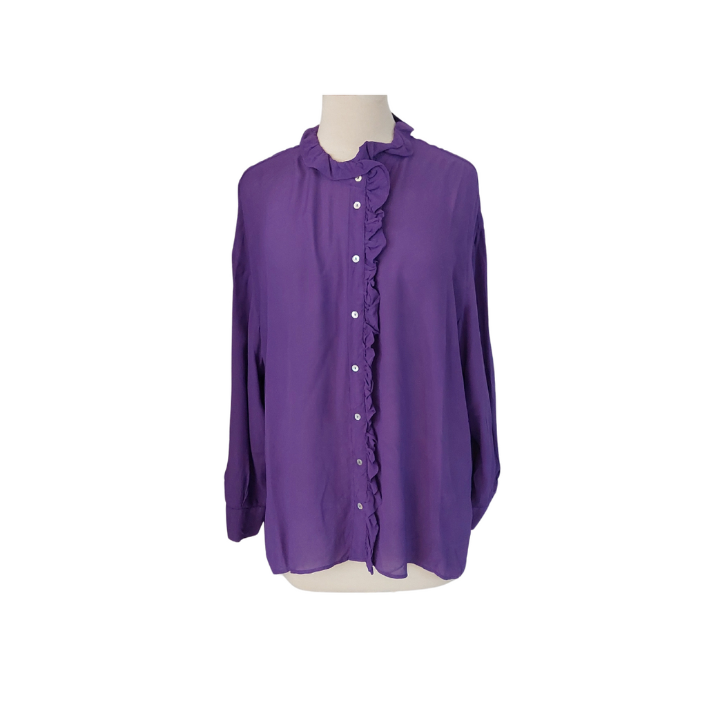 Zara Purple Button Down Semi Sheer Frill Detail Shirt | Pre Loved |