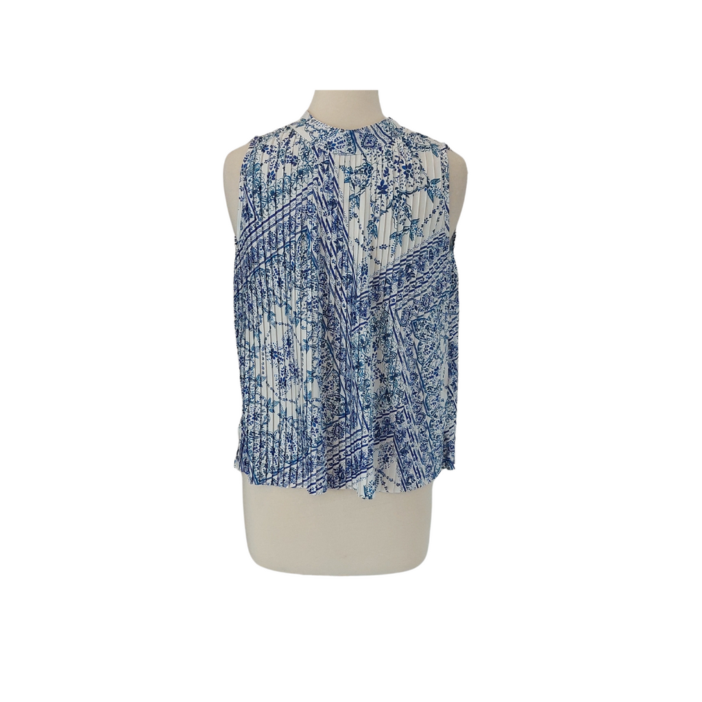 H&M Blue & White Printed Pleated Sleeveless Top | Brand New |