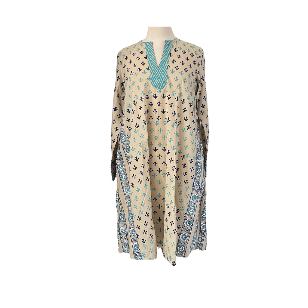 Blocked Beige & Blue Block Print Kurta | Gently Used |