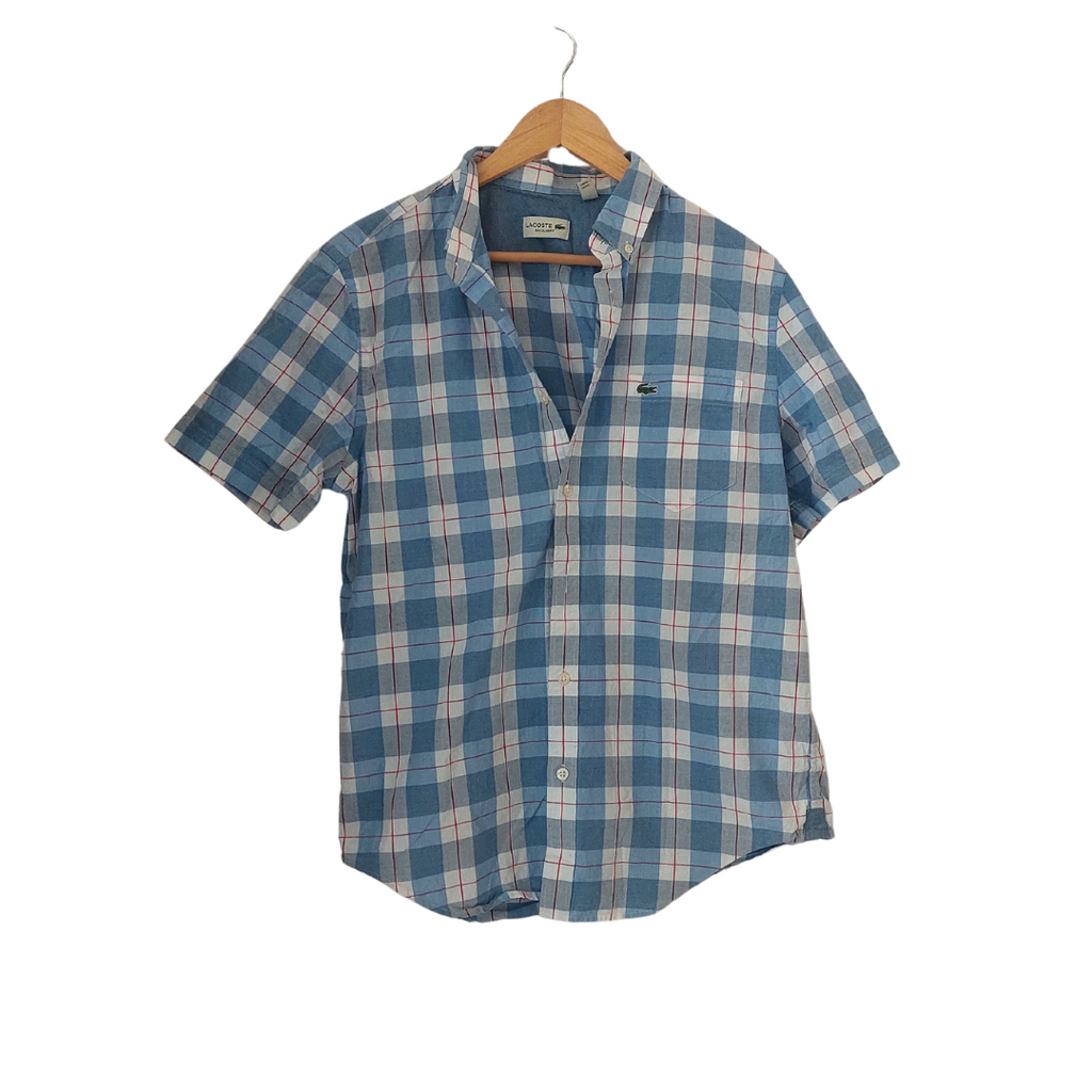 Lacoste Men's Short-sleeves Blue & White Checked Collared Shirt | Gently Used |