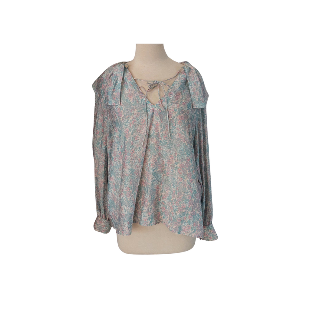 H&M Light Blue Printed Neck Tie And Frill Detail Blouse | Gently Used |