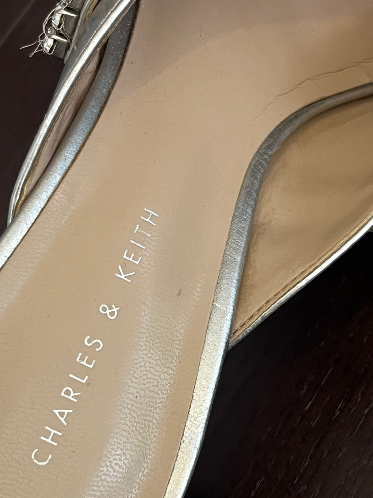 Charles & Keith Silver Rhinestone Heeled Mules | Pre Loved |