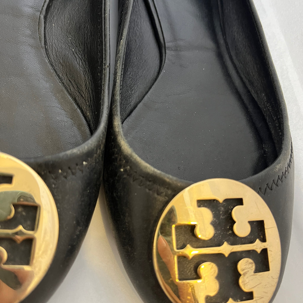 Tory Burch Black Leather 'REVA' Logo Ballet Flats | Pre Loved |