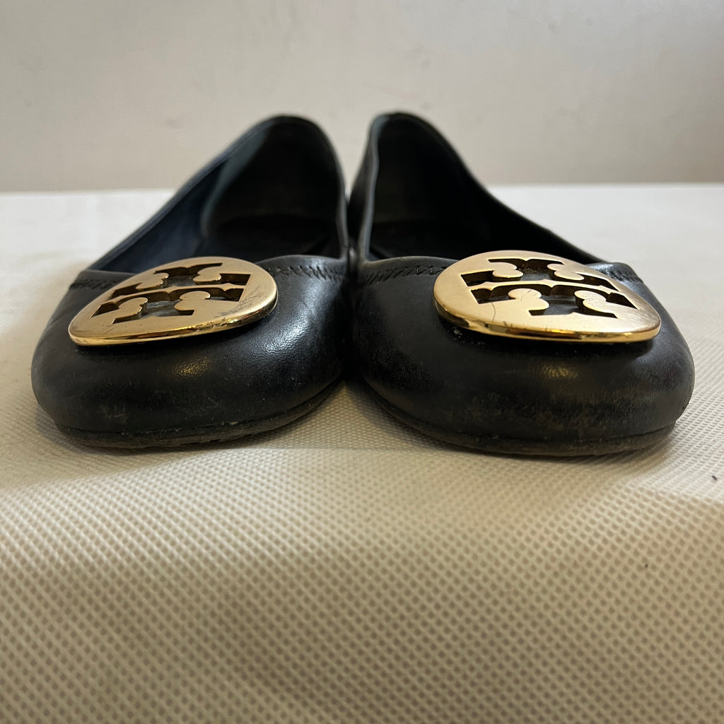 Tory Burch Black Leather 'REVA' Logo Ballet Flats | Pre Loved |