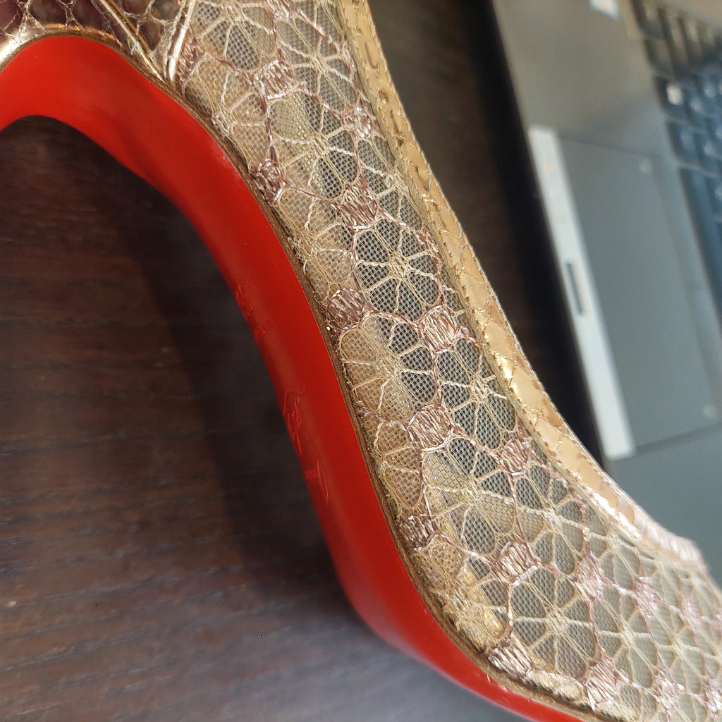 Christian Louboutin NEOAL DENTELLE Rose Gold Lame Heels | Pre Loved |