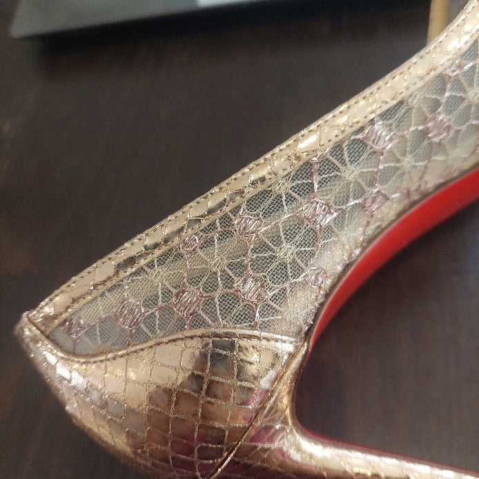 Christian Louboutin NEOAL DENTELLE Rose Gold Lame Heels | Pre Loved |