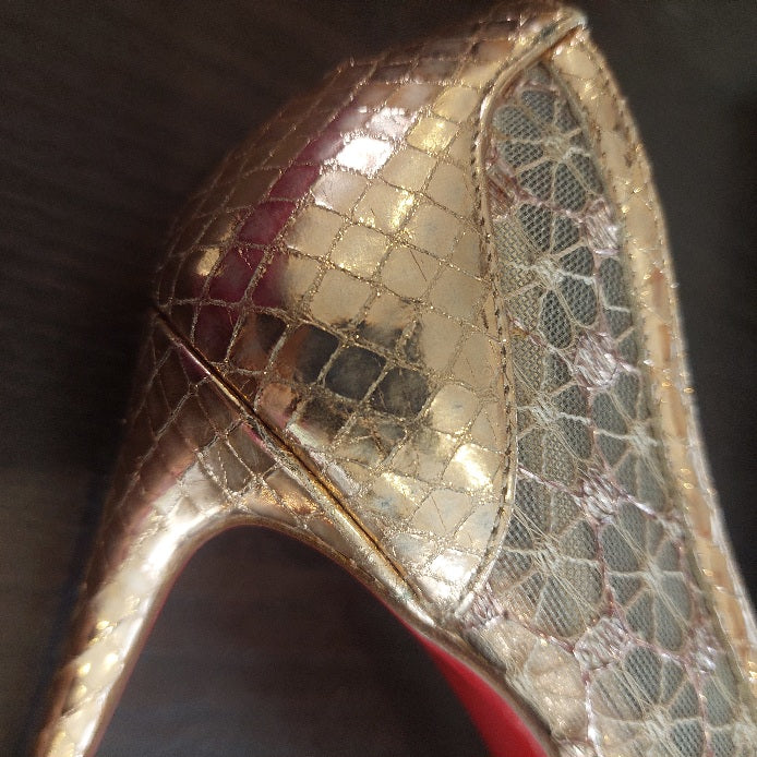 Christian Louboutin NEOAL DENTELLE Rose Gold Lame Heels | Pre Loved |