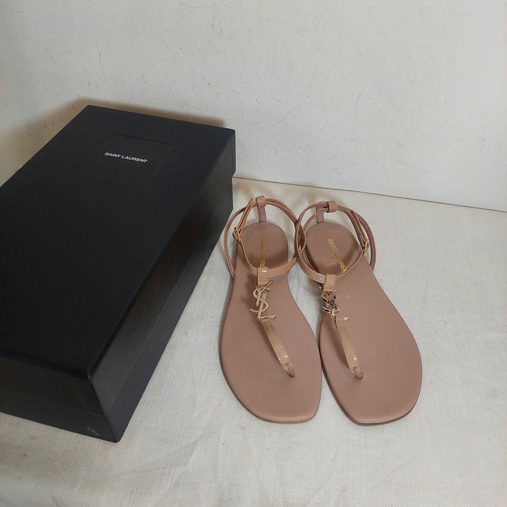 Saint Laurent 'Cassandra' Nude Patent Leather Ankle-strap Sandals | Gently Used |