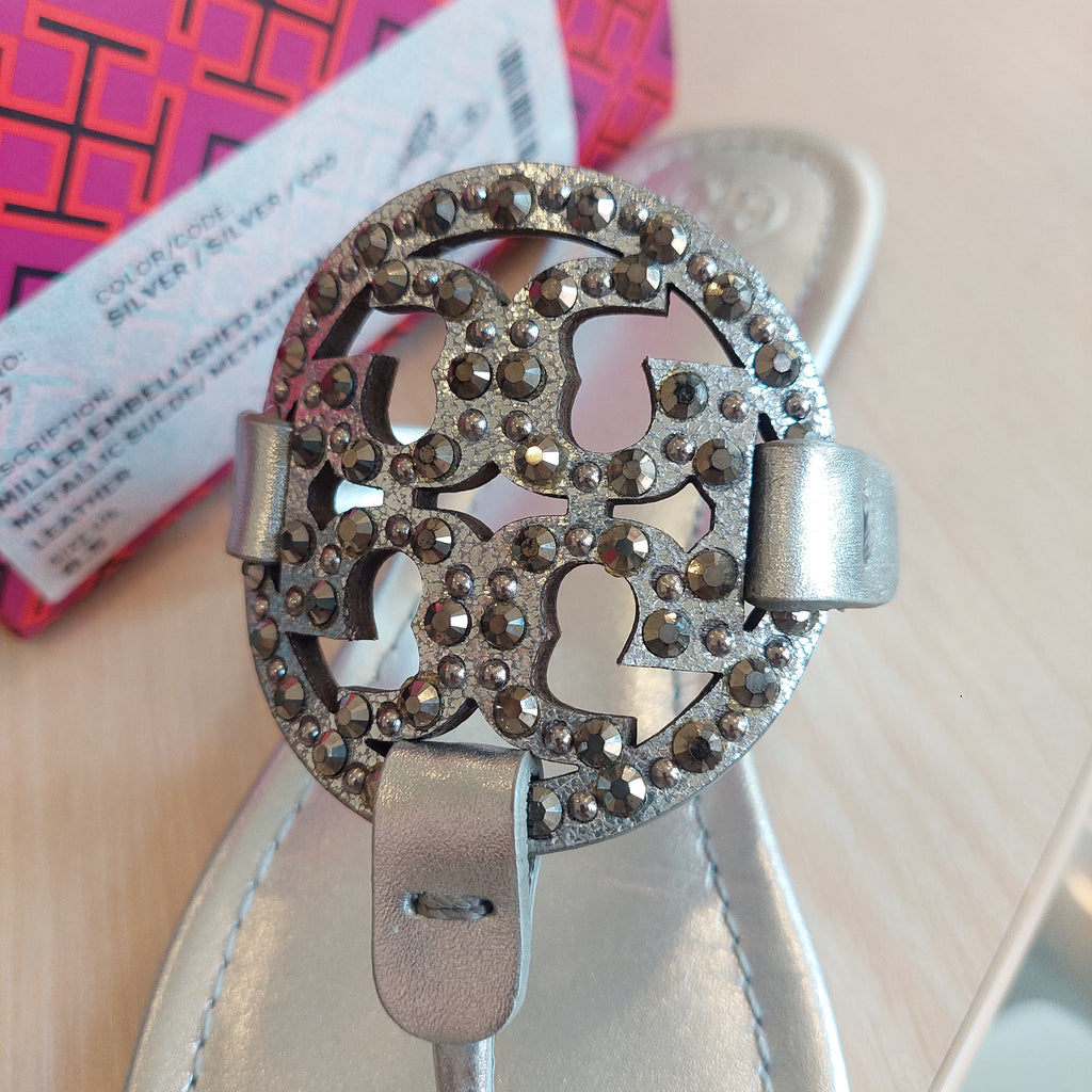 Tory Burch Silver Leather Miller Embellished Sandals | Pre Loved |