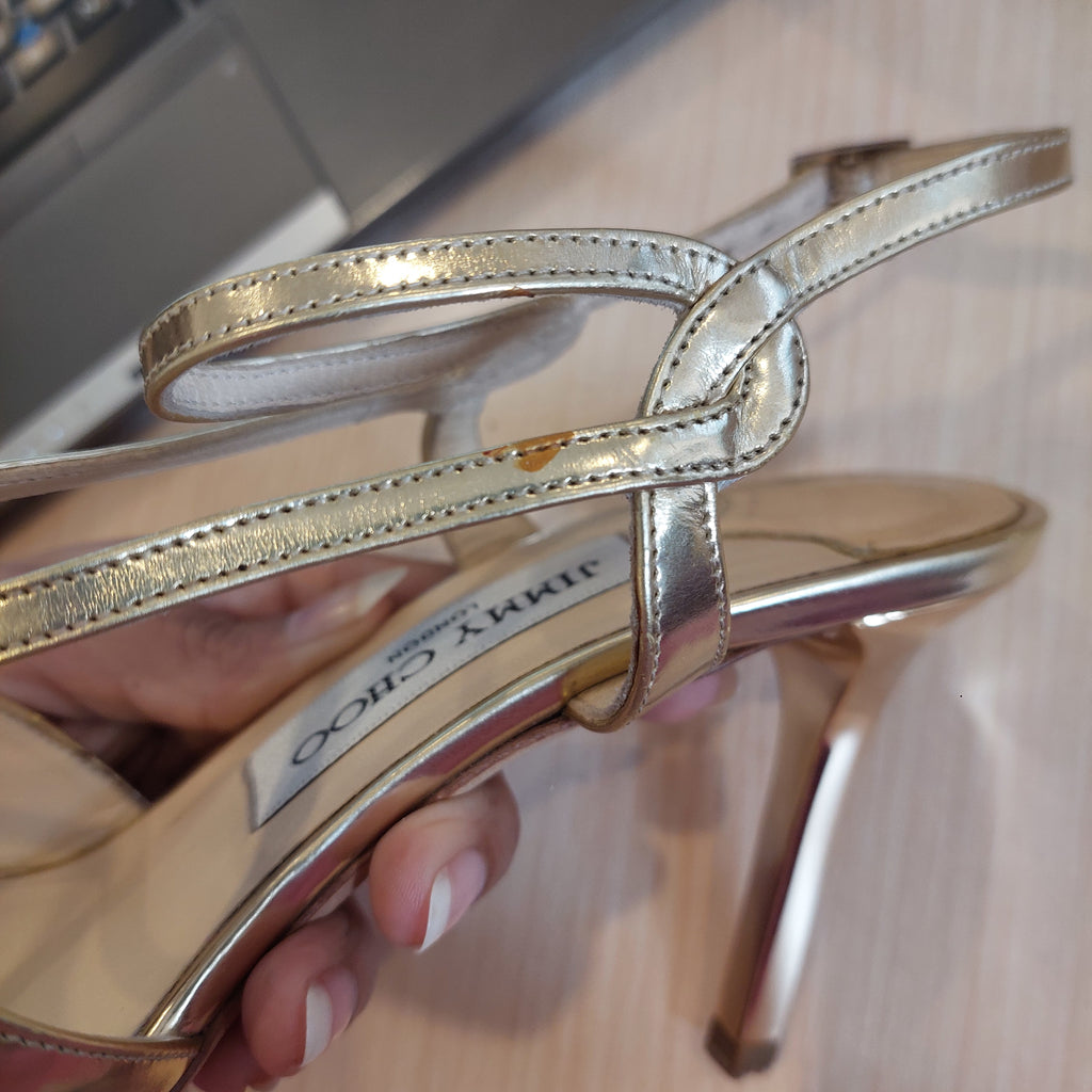 Jimmy Choo Gold Leather Paxton Strapped Heels | Pre Loved |