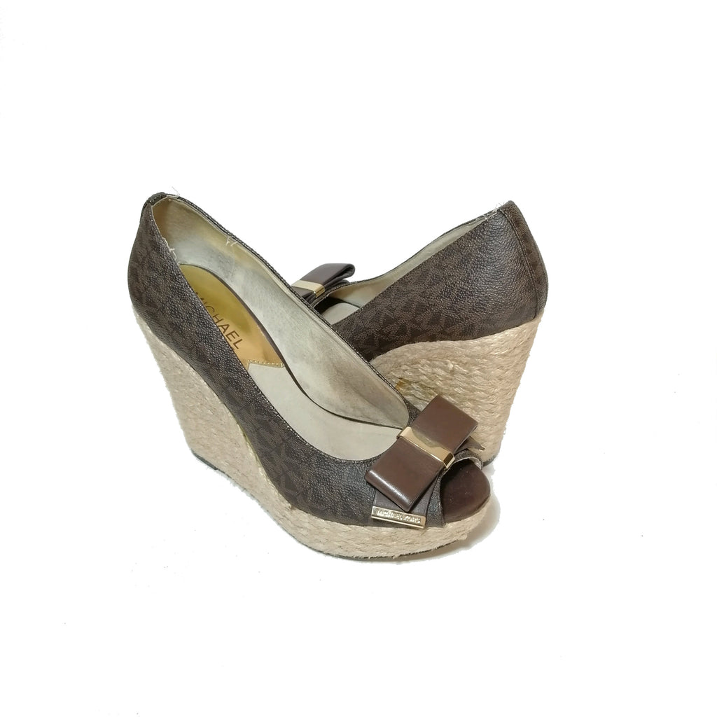 Michael Kors Brown Monogram Bow Jute Wedges