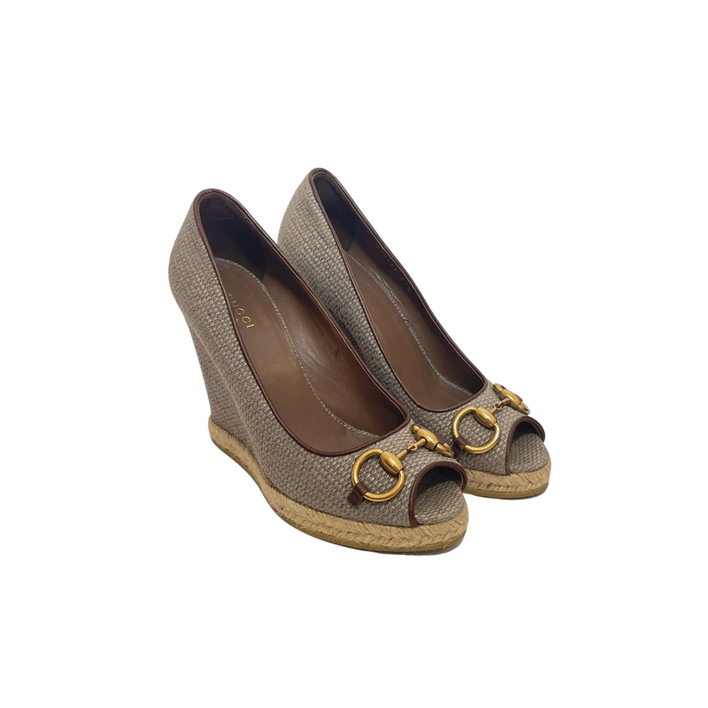 Gucci Brown Raffia Horsebit Peep-Toe Espadrille Wedges | Pre Loved |