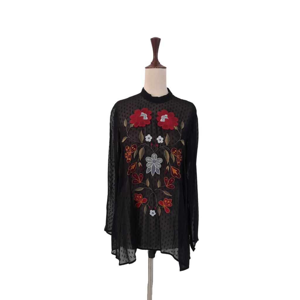 ZARA Black Sheer Long-sleeve Blouse with Red Floral Embroidery | Gentl ...