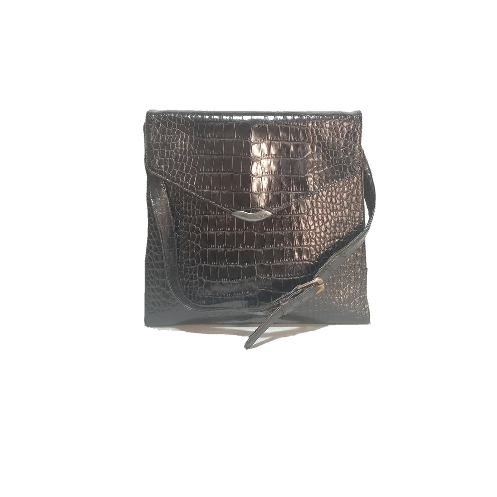 Ralph Lauren Black Croc Embossed Black Leather Shoulder Bag | Pre Loved |