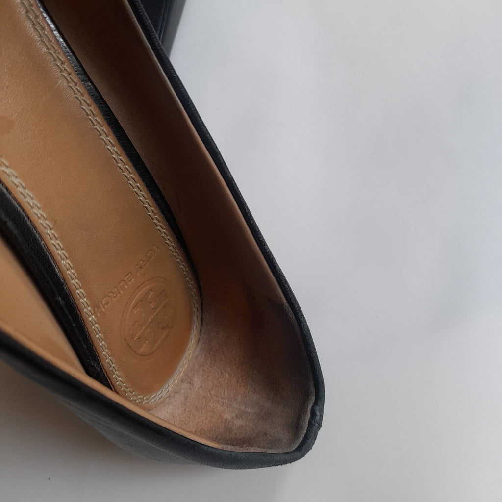 Tory Burch Black Leather 'Benton' Wedges | Pre Loved |