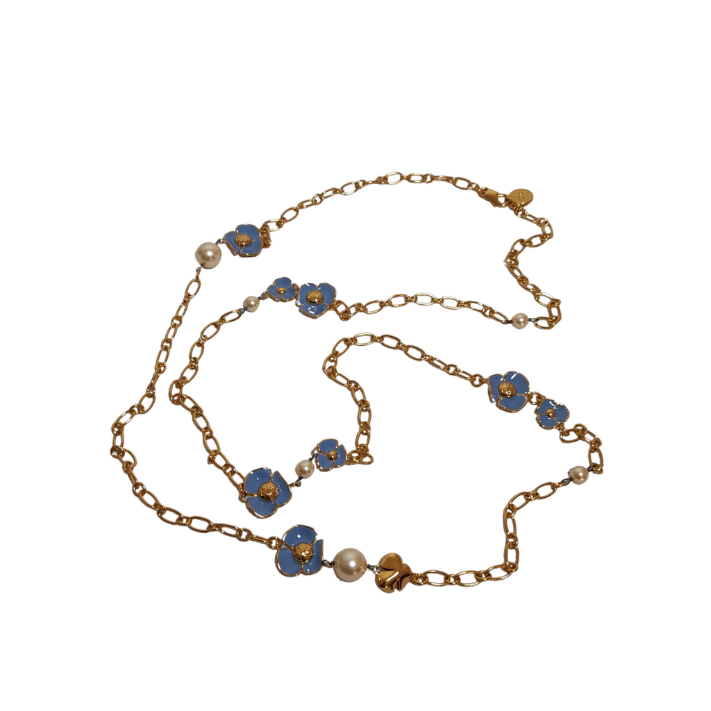 Tory Burch Pearls and Blue Flower Gold Long Necklace | Like New |