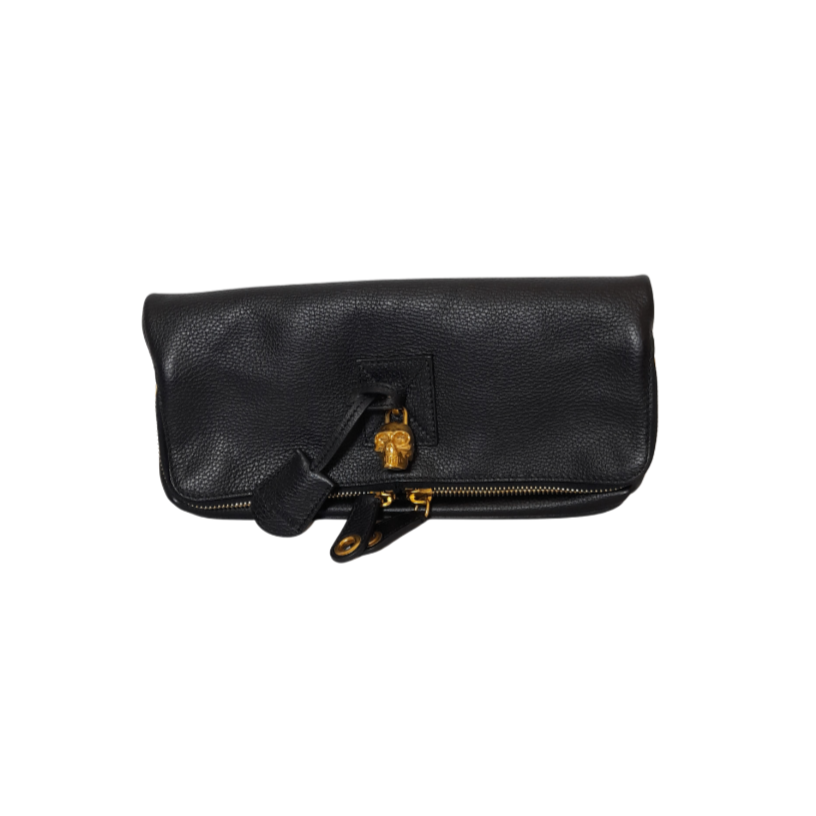 Alexander McQueen Black Leather Skull Padlock Foldover Clutch Gently Used