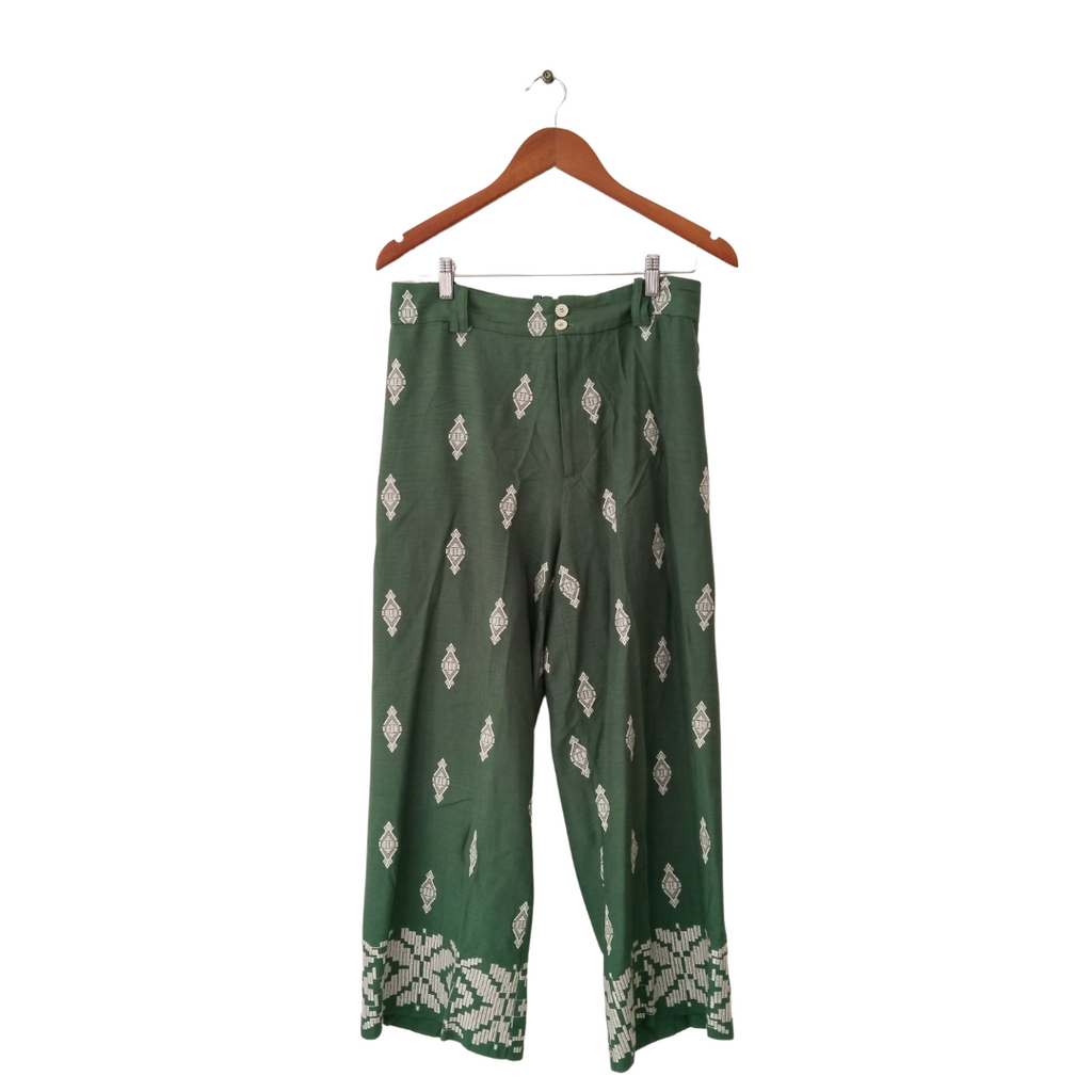 ZARA Green and White Embroidered Pants | Gently Used |