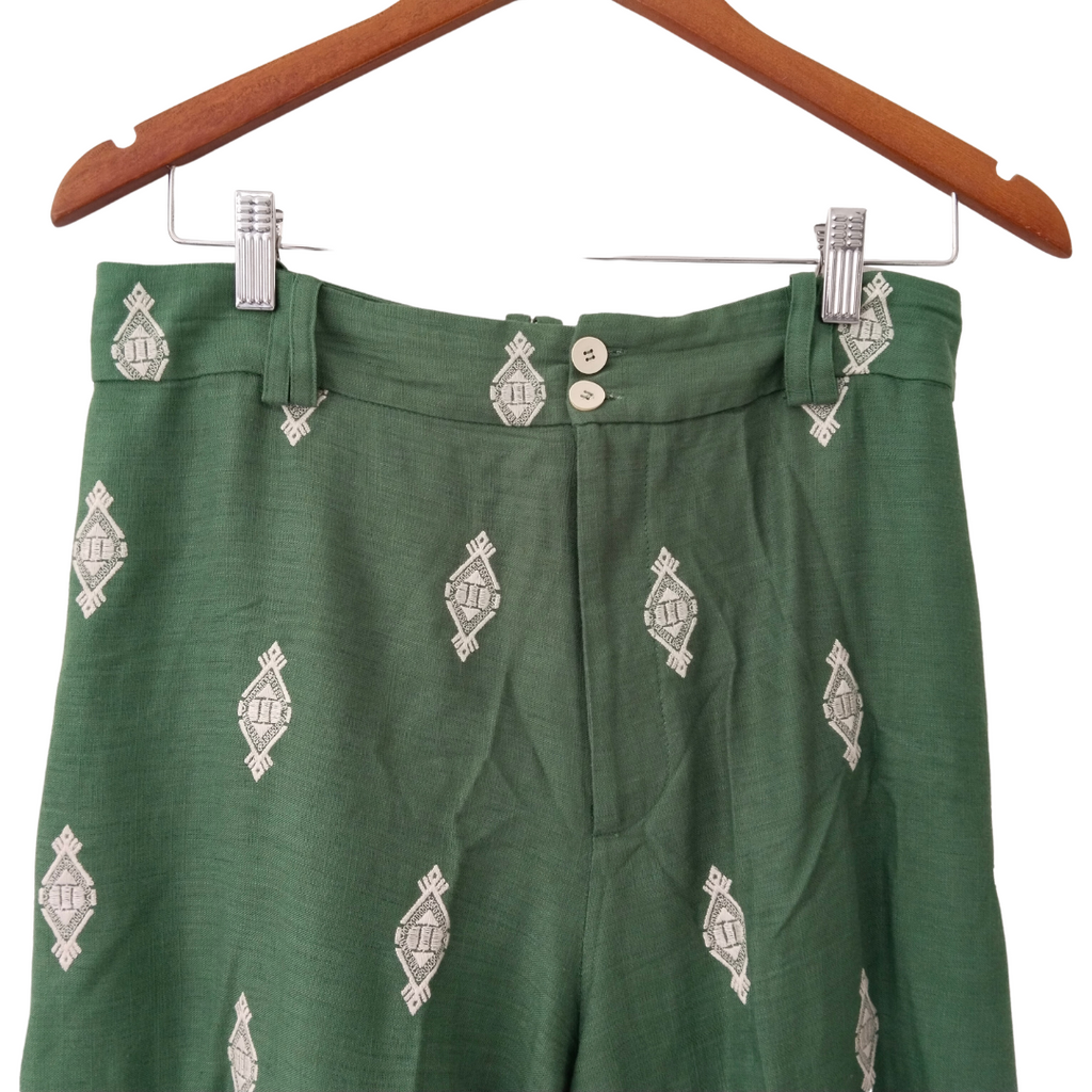 ZARA Green and White Embroidered Pants | Gently Used |