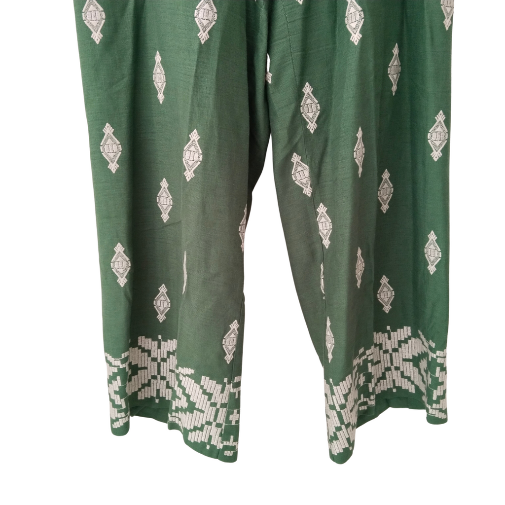 ZARA Green and White Embroidered Pants | Gently Used |