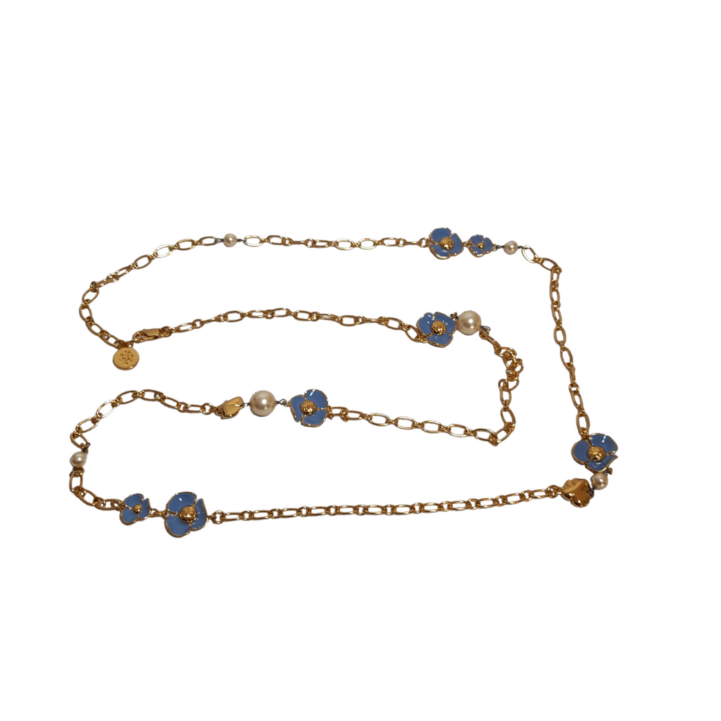 Tory Burch Pearls and Blue Flower Gold Long Necklace | Like New |