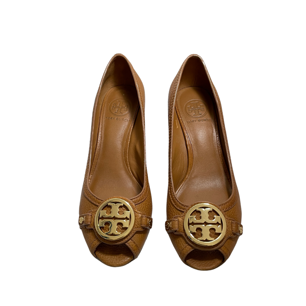 Tory Burch Tan Leather Peep-toe 'Amanda' Wedges | Pre Loved | | Secret ...