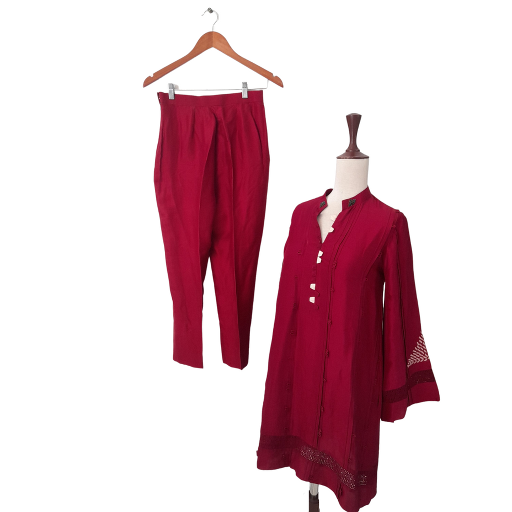 Sania Maskatiya Maroon Silk Kurta with Pants | Pre Loved |