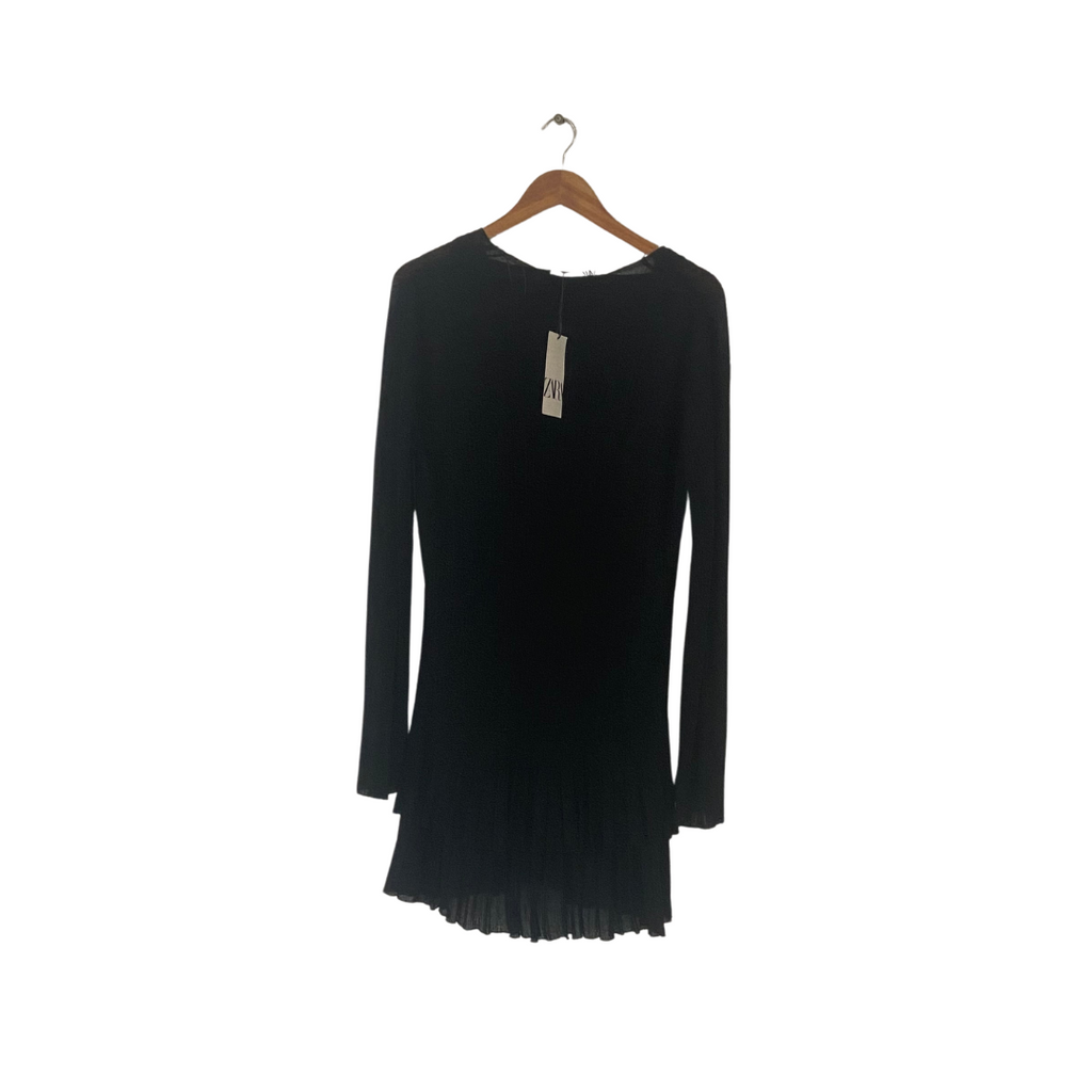 ZARA Black Semi-Sheer Long-Sleeved Ribbed Dress | Brand New |