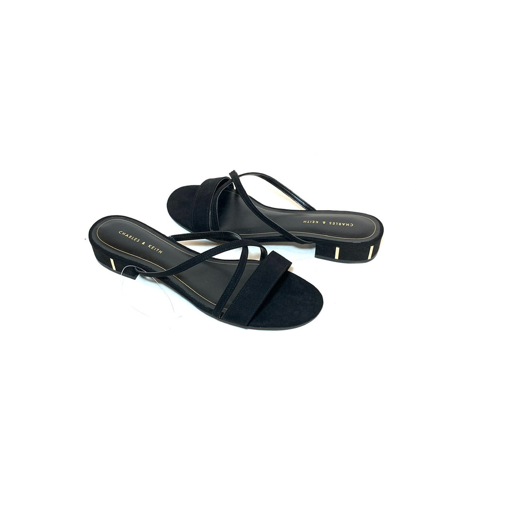 Charles & Keith Black Suede Strappy Block Heel Sandals | Brand New |