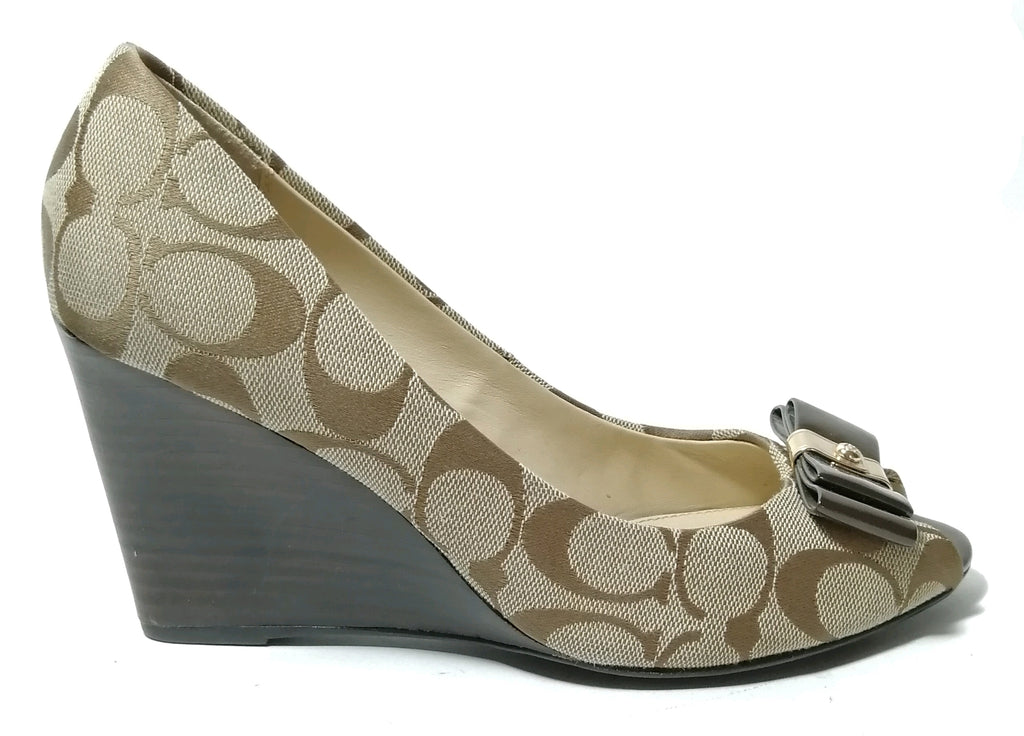 Coach Beige Monogram Peep Toe Wedges | Gently Used |