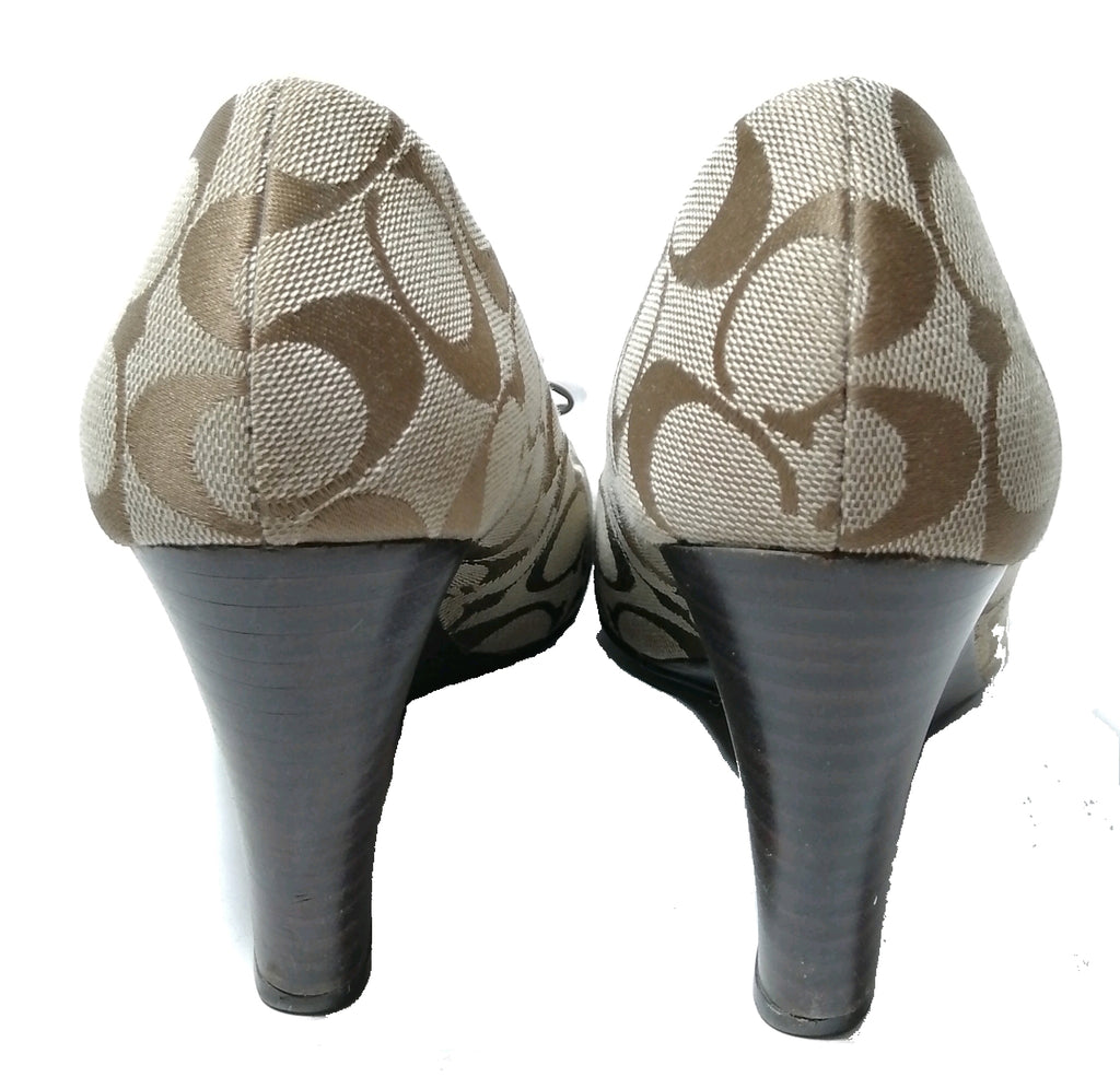 Coach Beige Monogram Peep Toe Wedges | Gently Used |