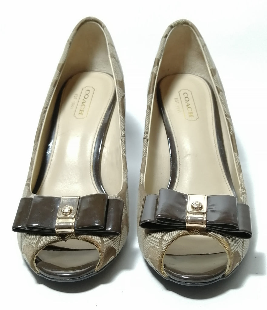 Coach Beige Monogram Peep Toe Wedges | Gently Used |