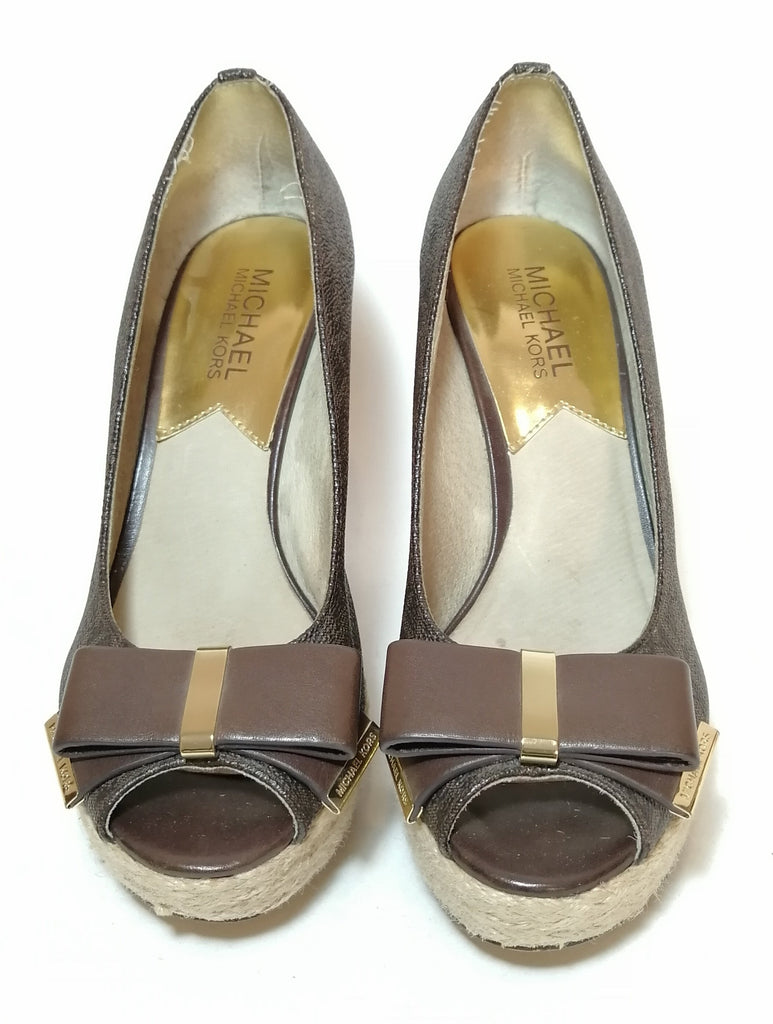 Michael Kors Brown Monogram Bow Jute Wedges