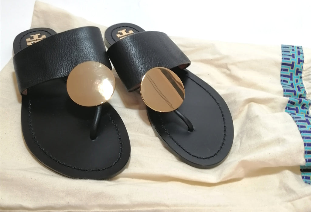 Tory Burch Patos Disk Black Leather Sandals | Brand New |