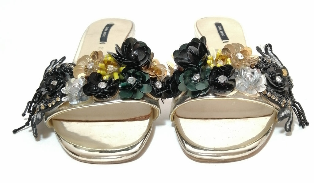 ZARA Gold & Black Floral Sequins Block Heels | Gently Used |