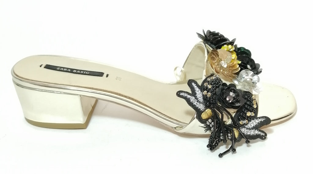 ZARA Gold & Black Floral Sequins Block Heels | Gently Used |