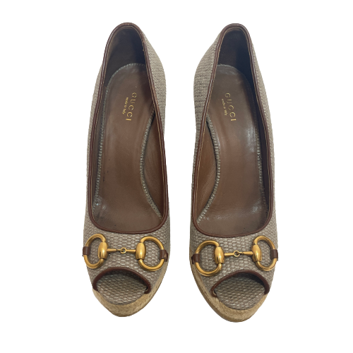 Gucci Brown Raffia Horsebit Peep-Toe Espadrille Wedges | Pre Loved |