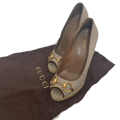 Gucci Brown Raffia Horsebit Peep-Toe Espadrille Wedges | Pre Loved |