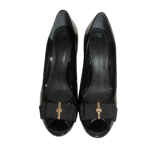 Tory Burch Black Patent Leather 'Trudy' Peep-toe Wedges | Pre Loved |