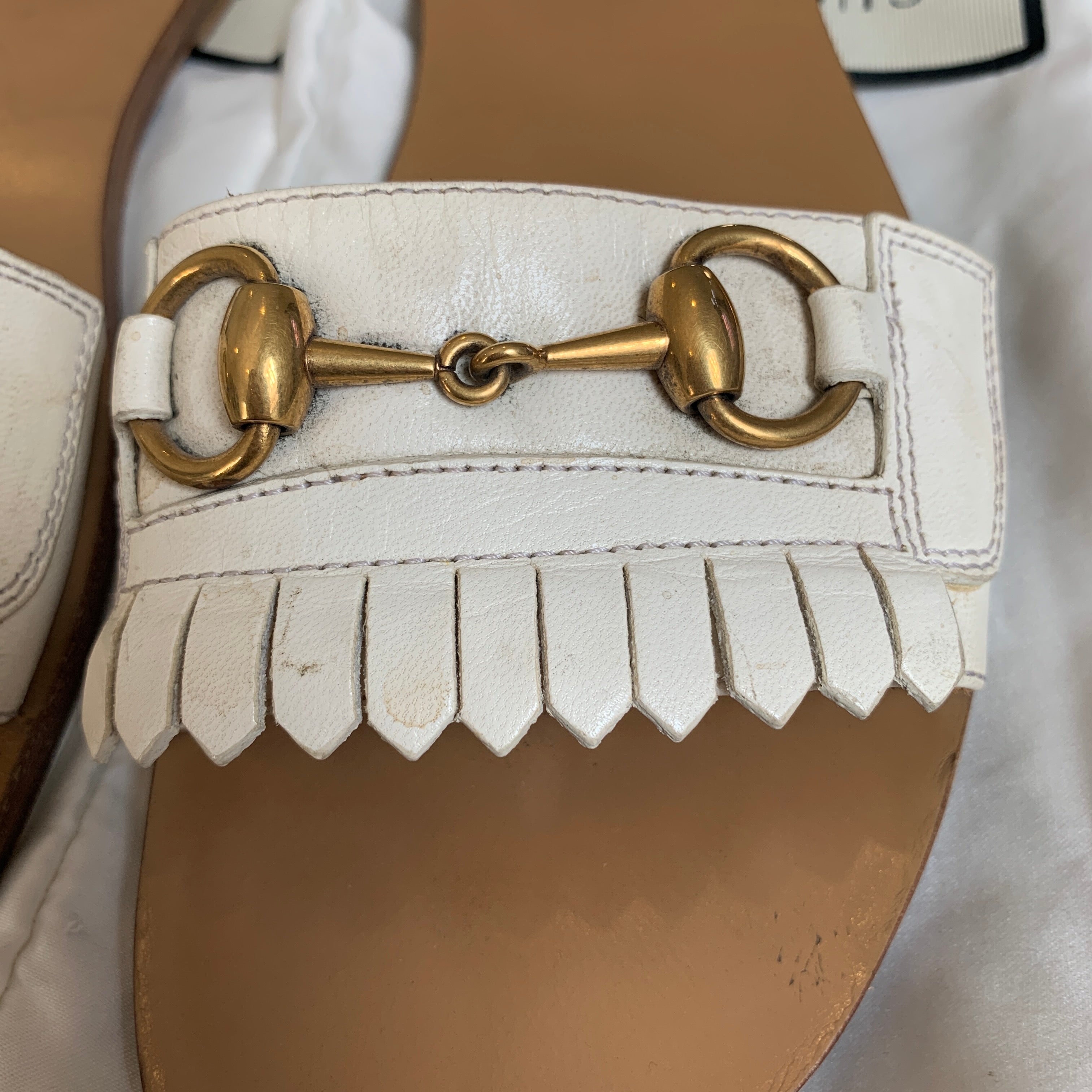 Gucci White Fringe Leather Horsebit Slides Pre Loved Secret Stash