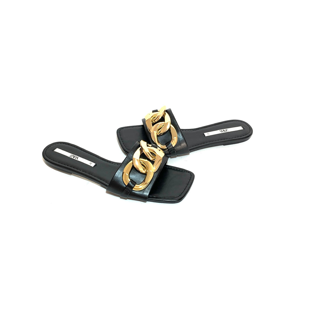 ZARA Black Gold Chain Slides | Brand New |