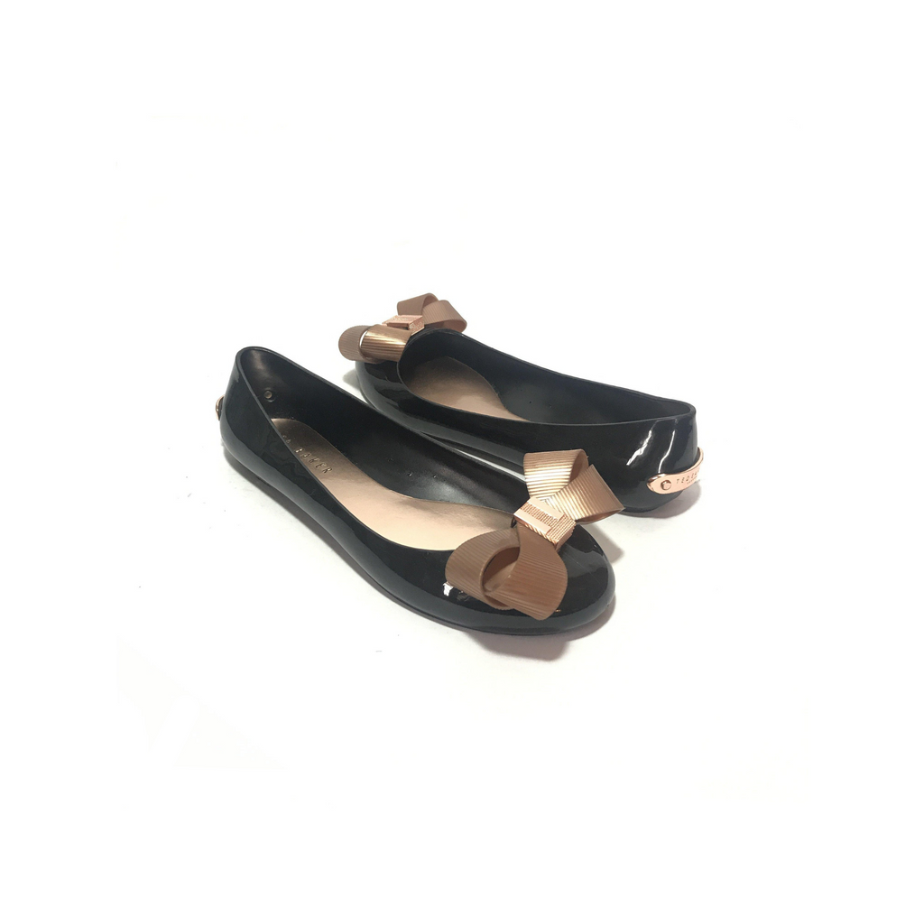 Ted Baker Black Jelly Rose Gold Bow Ballet Flats | Pre Loved |