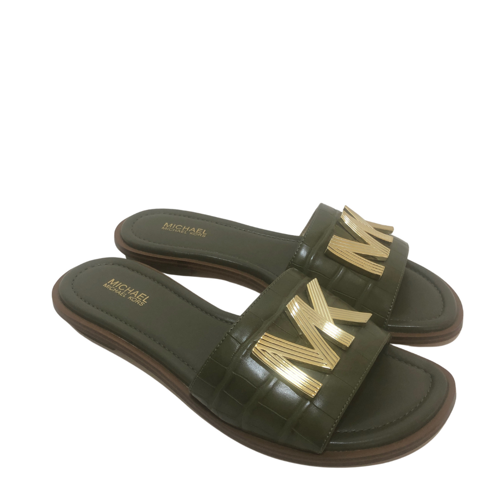 Michael Kors Olive Green Leather 'Deanna' Sandals | Like New |